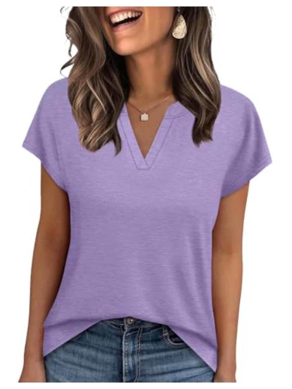 OBBO Womens V Neck Cap Sleeve Knit T-Shirt Casual Summer Top